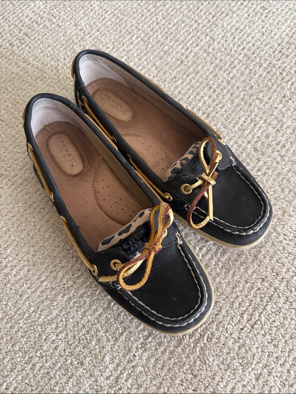 Sperry Black Leather Boat Shoes with Leopard Accent